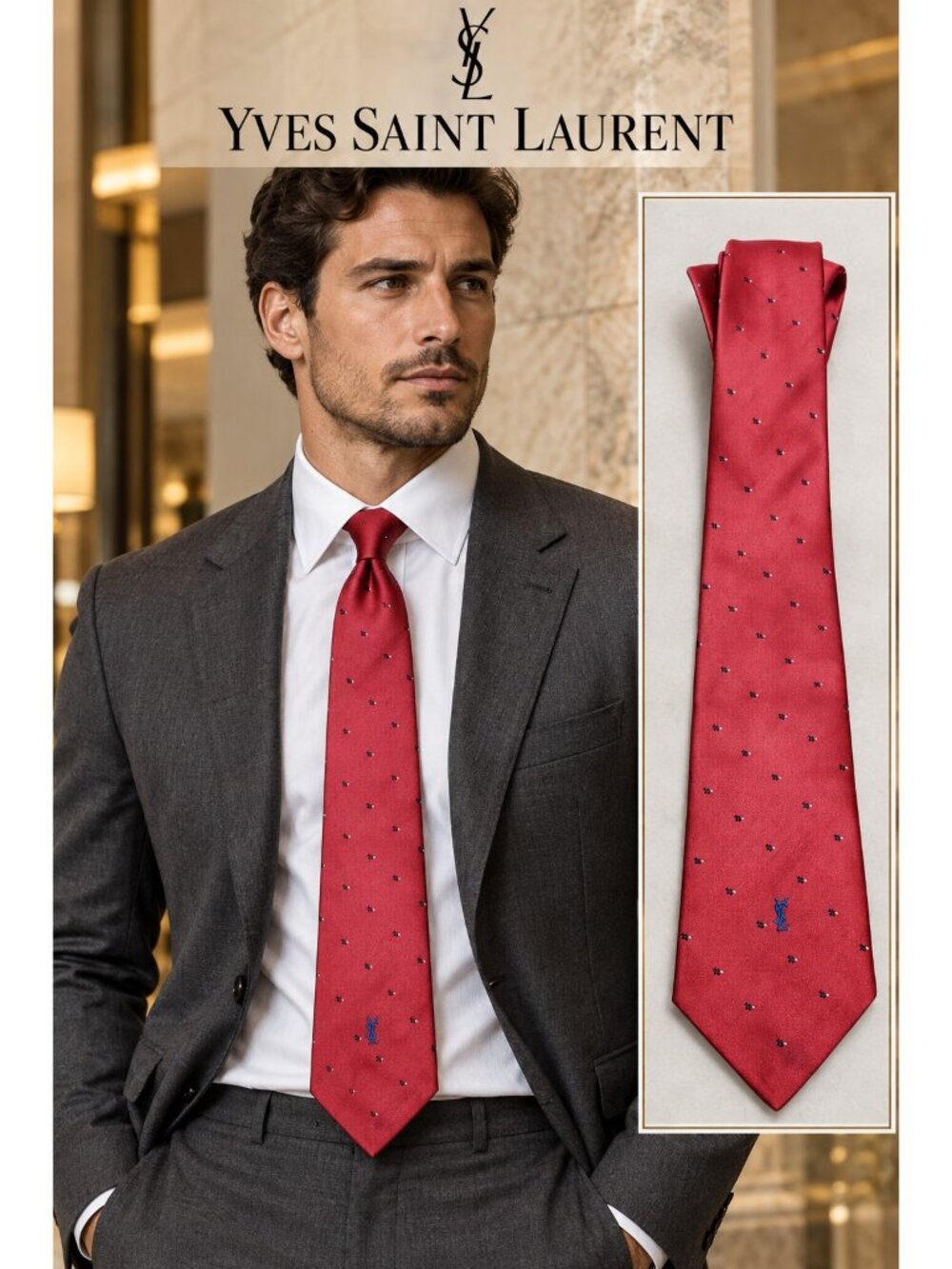 Vintage Yves Saint Laurent YSL Red Micro Print Embroidered Logo Men's Tie